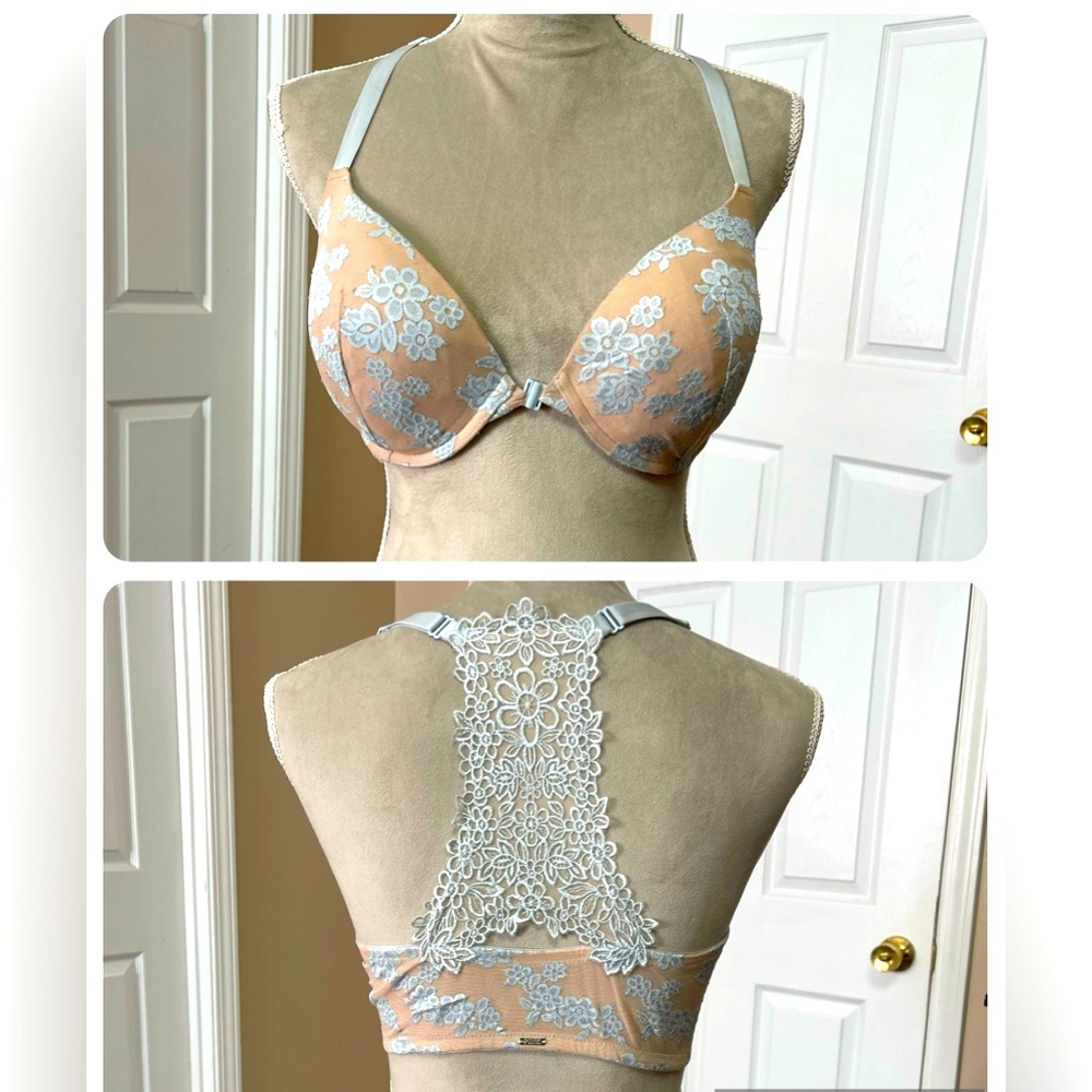 Pink by Victoria’s Secret blue and beige padded push-up bra Size 34DD